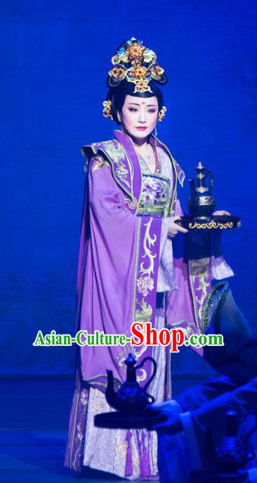 Chinese Shaoxing Opera Court Queen Purple Dress Costumes Zhen Huan Apparels Yue Opera Young Female Hua Tan Garment and Headdress