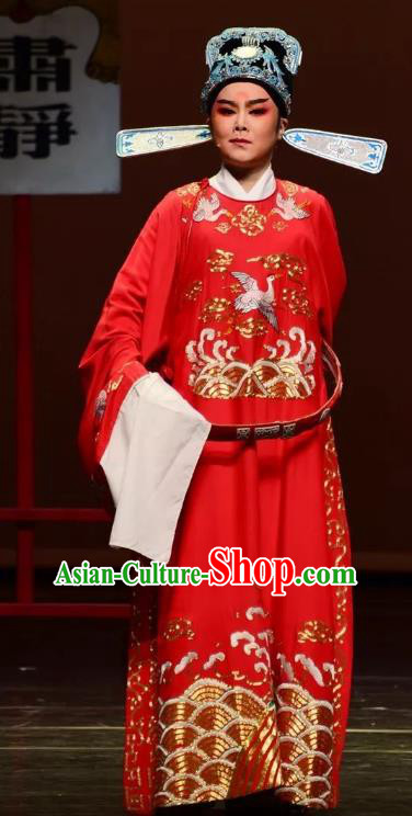 Chinese Yue Opera Official Costumes and Hat Shaoxing Opera Yan Zhi Apparels Magistrate Garment Wu Nandai Red Embroidered Robe