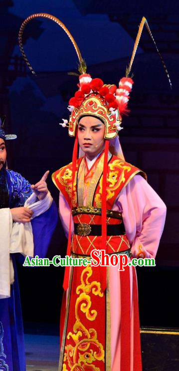 Diao Chan Chinese Yue Opera Wusheng Costumes Garment Shaoxing Opera Martial Role Apparels Young Male Lv Bu Clothing and Helmet