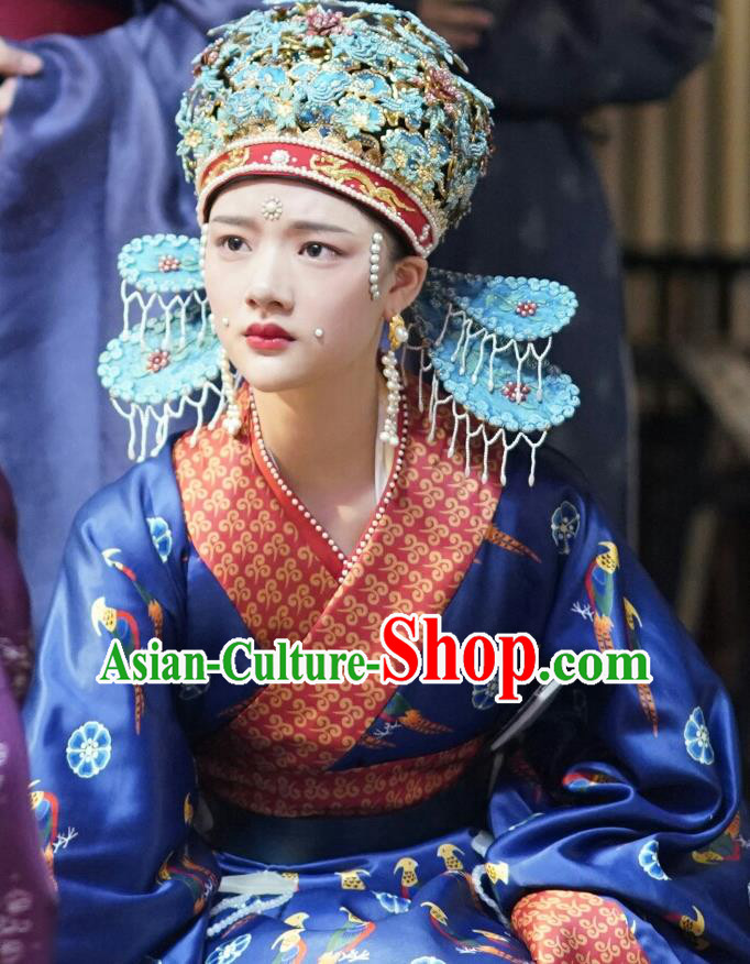 Chinese Ancient Royal Princess Wedding Hanfu Dress Drama Serenade of Peaceful Joy Song Dynasty Infanta Zhao Huirou Historical Costumes and Headdress