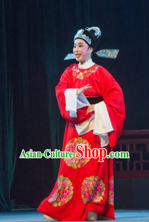 Chinese Yue Opera Xiao Sheng Lu You And Tang Wan Wedding Costumes and Hat Shaoxing Opera Scholar Apparels Young Male Brodegroom Red Embroidered Robe Garment
