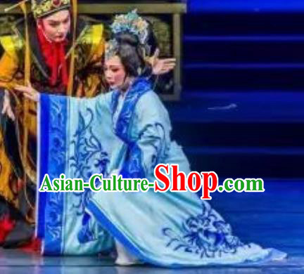 Chinese Shaoxing Opera Han Xing Wei Yang Empress Dou Apparels Costume and Headpieces Yue Opera Han Dynasty Queen Court Lady Blue Hanfu Dress Garment