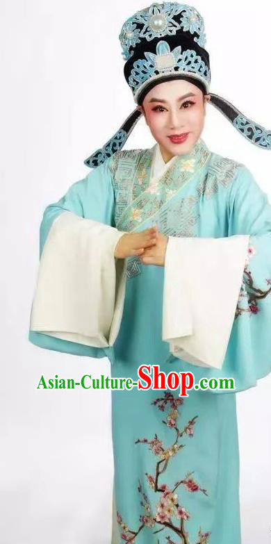 Chinese Yue Opera Scholar Zhou Wenbin Costumes and Headwear A Bride For A Ride Shaoxing Opera Garment Apparels Young Male Xiaosheng Blue Robe