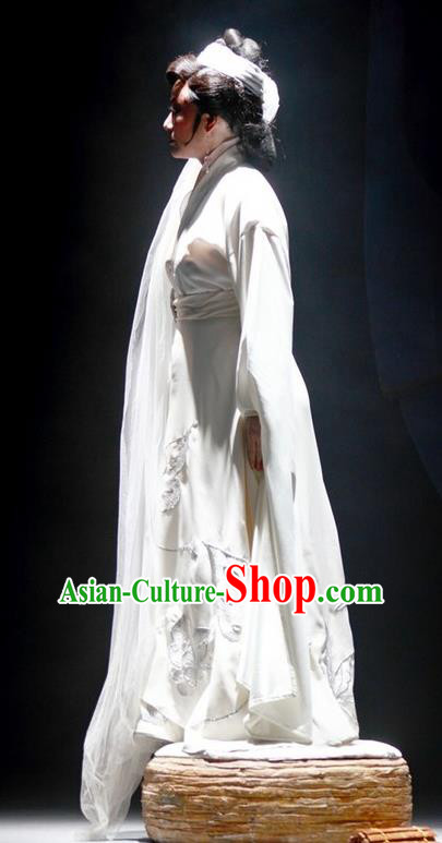 Chinese Shaoxing Opera Female Role White Dress and Headdress Hu Die Meng Butterfly Dream Yue Opera Garment Costumes Distress Maiden Apparels