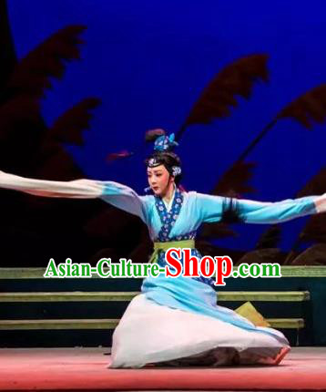 Chinese Shaoxing Opera Hua Tan Blue Costumes and Headpiece Changle Palace Yue Opera Garment Young Lady aActress Cao Huiniang Dress Apparels