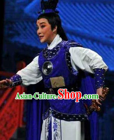 Chinese Yue Opera Wusheng Armor Apparels and Headwear From Love to Patriotism Deliver the Messenger Shaoxing Opera Takefu Young Male Garment Costumes