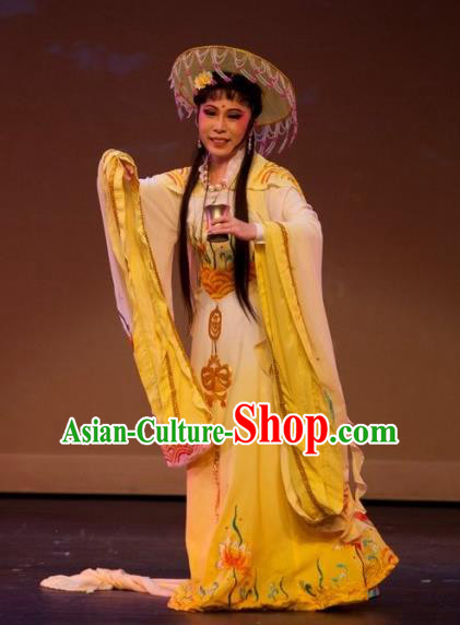 Chinese Shaoxing Opera Actress Yellow Dress Costumes and Hat The Princess Messenger Farewell at Lakeside Yue Opera Hua Tan San Niang Garment Apparels
