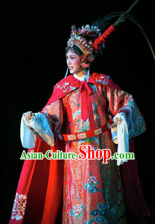 Chinese Shaoxing Opera Actress Red Dress Garment and Headpieces Yue Opera Tao Ma Tan Zhuang Yuan Da Geng Martial Female Liu Chanjin Apparels Costumes