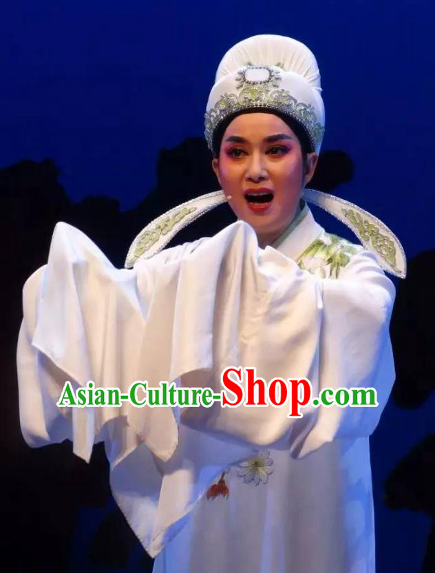 Chinese Yue Opera Niche Scholar Pan Bizheng Costumes and Hat Dao Guan Qin Yuan Shaoxing Opera Young Male Garment Apparels Xiaosheng White Robe