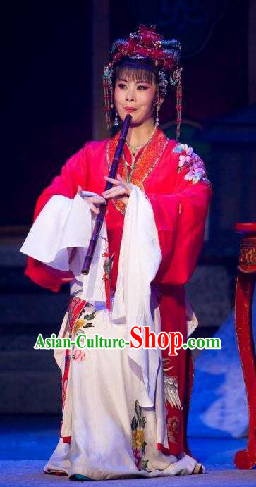 Chinese Shaoxing Opera Young Female Tang Meifen Red Dress Apparels Garment and Headdress The Number One Scholar Is Not Love Yue Opera Hua Tan Wedding Costumes