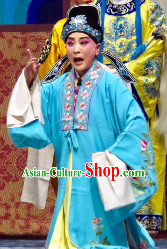 San Kan Yu Mei Chinese Ping Opera Niche Blue Costumes and Headwear Pingju Opera Young Male Apparels Scholar Feng Jiajin Clothing