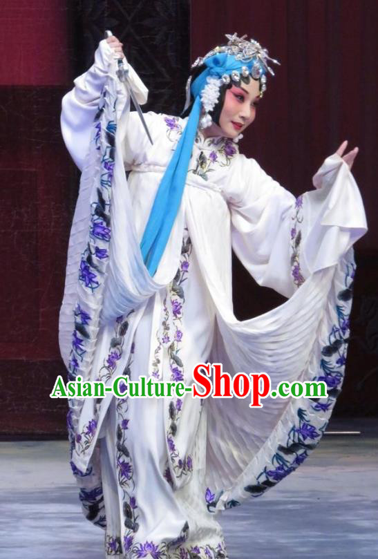 Chinese Ping Opera Diva White Apparels Costumes and Headdress Traditional Pingju Opera Zhou Ren Xian Sao Actress Distress Maiden Dress Garment