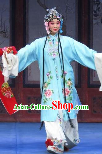 Chinese Ping Opera Actress Apparels Costumes and Headdress Traditional Pingju Opera Tao Li Mei Diva Yutao Blue Dress Garment
