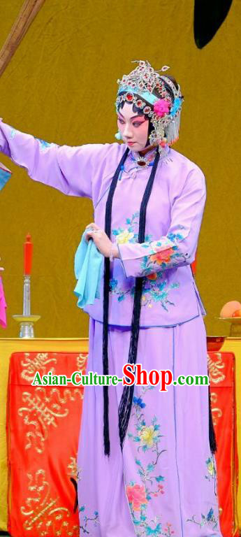 Chinese Beijing Opera Hua Tan Apparels Ba Zhen Tang Costumes and Headpieces Traditional Peking Opera Young Lady Purple Dress Garment