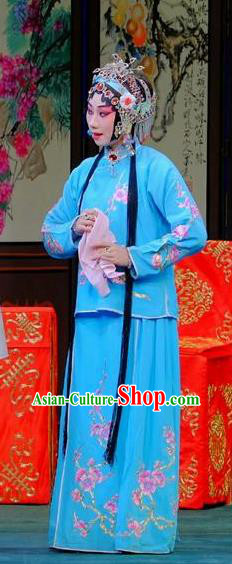 Chinese Beijing Opera Young Beauty Apparels Ba Zhen Tang Costumes and Headpieces Traditional Peking Opera Hua Tan Blue Dress Actress Garment