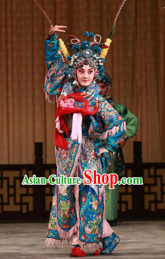 Chinese Beijing Opera Martial Lady Hu Sanniang Apparels Hu Jia Zhuang Costumes and Headdress Traditional Peking Opera Tao Ma Tan Dress Female General Armor Garment
