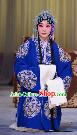 Chinese Beijing Opera Young Mistress Apparels Hong Yang Dong Costumes and Headpieces Traditional Peking Opera Actress Blue Dress Garment