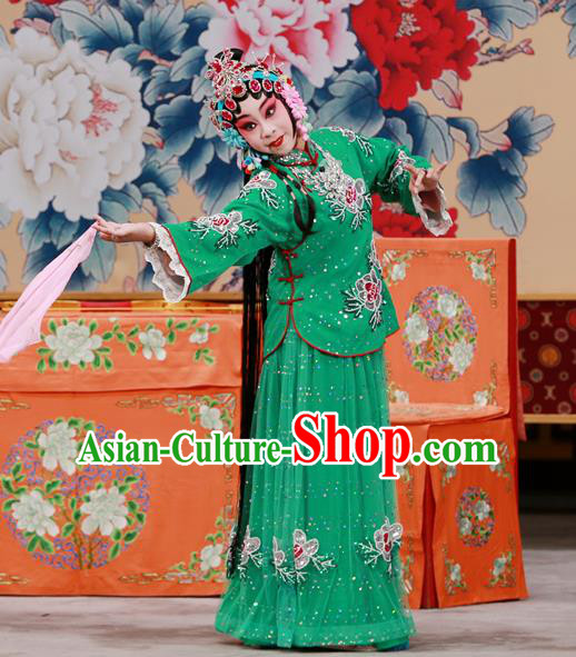 Chinese Beijing Opera Young Female Apparels Xun Guanniang Costumes and Headpieces Traditional Peking Opera Hua Tan Green Dress Actress Garment