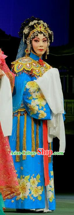 Chinese Beijing Opera Elderly Princess Miao Yin Apparels Love of Guan Yin Costumes and Headdress Traditional Peking Opera Actress Blue Dress Garment
