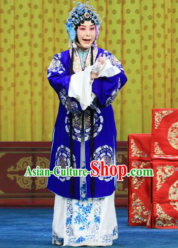 Chinese Beijing Opera Elderly Female Apparels Bai Liang Guan Costumes and Headdress Traditional Peking Opera Distress Woman Dress Dame Blue Garment