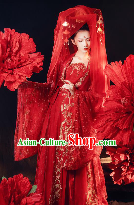 Chinese Traditional Tang Dynasty Wedding Historical Costumes Ancient Patrician Female Embroidered Red Hanfu Dress Bride Garment Complete Set