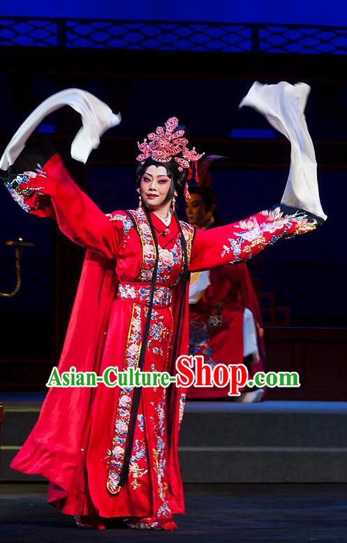 Chinese Beijing Opera Bride Cai Wenji Apparels Anecdote of Jian An Costumes and Headdress Traditional Peking Opera Hua Tan Red Dress Actress Wedding Garment