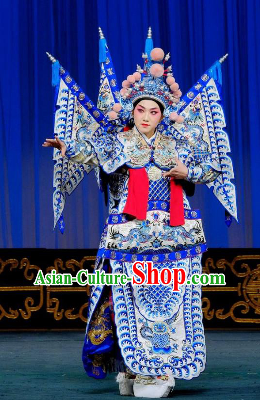 Chinese Beijing Opera Female General Kao Apparels Gai Rong Zhan Fu Costumes and Headdress Traditional Peking Opera Martial Woman Dress Wan Xiangyou Garment with Flags