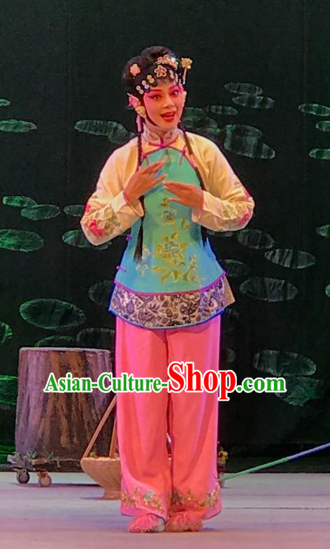 Chinese Beijing Opera Country Woman Garment Hong Ling Yan Costumes and Hair Accessories Traditional Peking Opera Xiaodan Dress Village Girl Li Fengjie Apparels