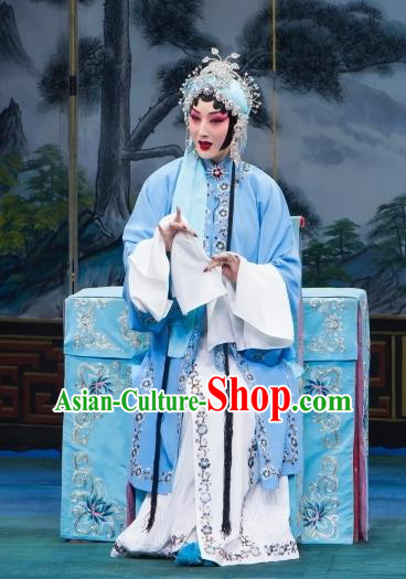 Chinese Beijing Opera Young Mistress Garment Zhou Ren Xian Sao Costumes and Hair Accessories Traditional Peking Opera Hua Tan Blue Dress Actress Apparels
