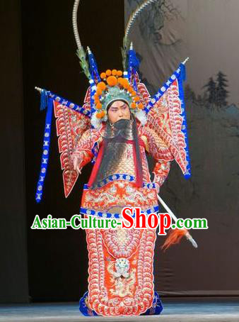 Legend of Xu Mu Chinese Peking Opera Red Armor Apparels Costumes and Headpieces Beijing Opera Military Officer Garment General Cao Ren Kao Clothing with Flags