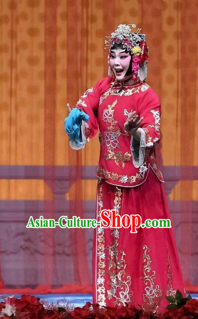 Chinese Beijing Opera Hua Tan Zhang Sumei Garment Jie Mei Yi Jia Costumes and Hair Accessories Traditional Peking Opera Bride Red Dress Actress Apparels