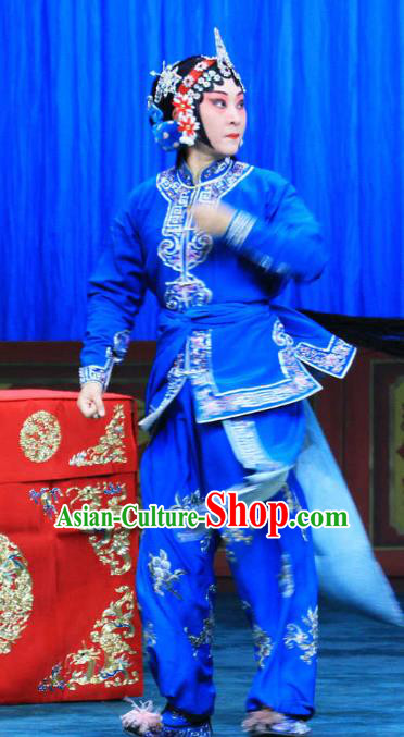 Chinese Beijing Opera Swordswoman Garment Da Jiu Guan Costumes and Hair Accessories Traditional Peking Opera Martial Female Blue Dress Apparels