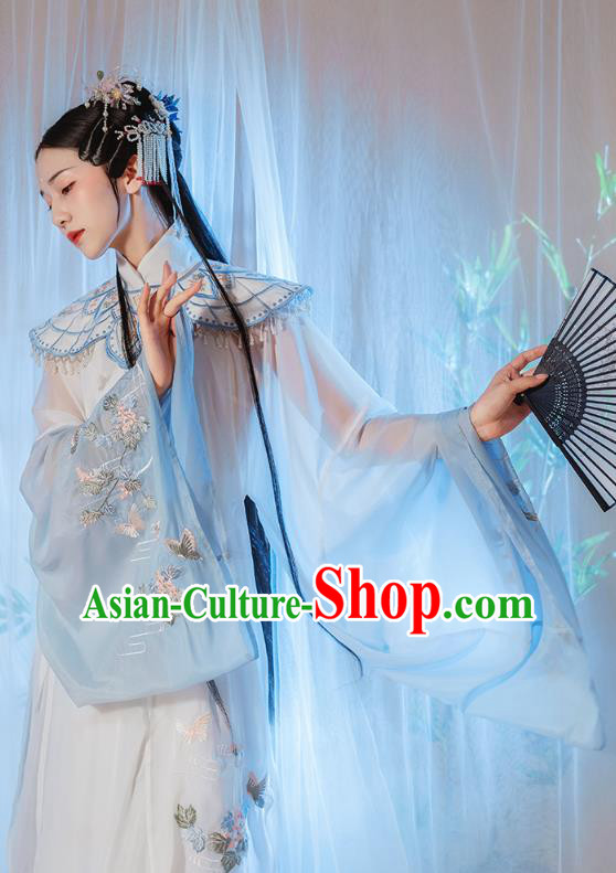 Chinese Traditional Ming Dynasty Royal Princess Historical Costumes Ancient Noble Female Blue Hanfu Dress Embroidered Garment