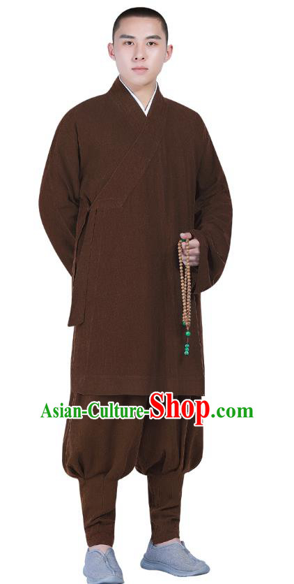 Chinese Traditional Monk Costume National Clothing Buddhism Brown Shirt and Pants for Men