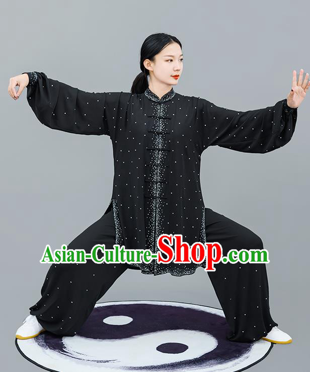Professional Tai Chi Competition Diamante Costume Tai Ji Training Outfits Clothing Top Grade Martial Arts Black Uniform for Women
