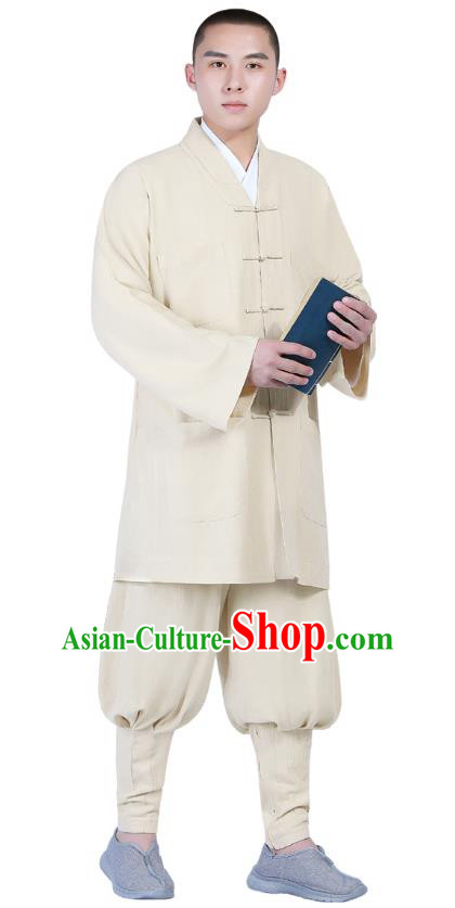 Chinese Traditional Buddhism Costume Shaolin Monk Clothing Beige Blouse and Pants Complete Set for Men