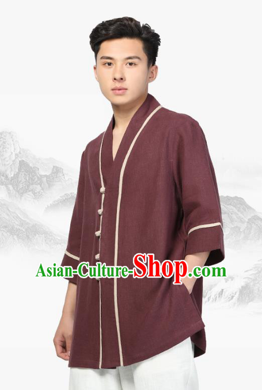 Chinese Traditional Tang Suit Costume National Clothing Dark Red Ramie Shirt for Men