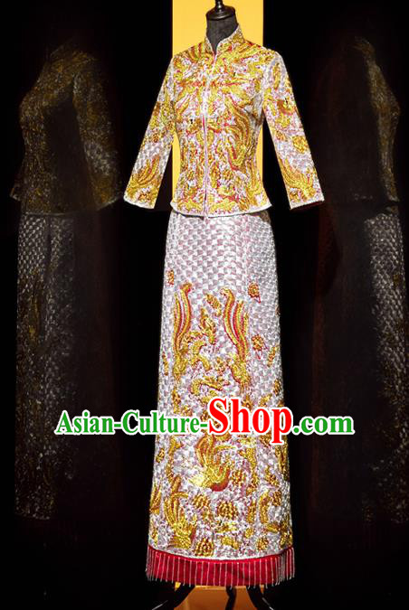 Top Grade Chinese Ancient Bride Embroidered Phoenix Xiuhe Suit Toast Pink Dress Traditional Wedding Costumes for Women