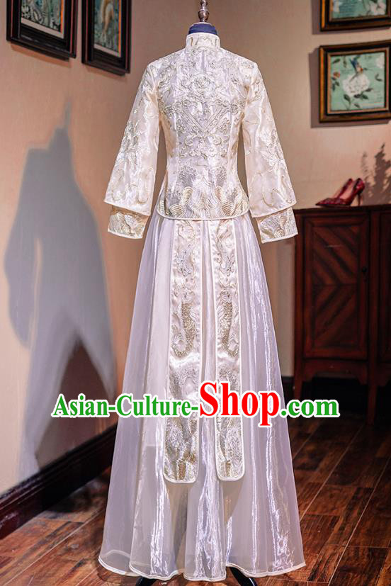 Top Grade Chinese Ancient Bride Embroidered Champagne Xiuhe Suit Traditional Wedding Costumes for Women