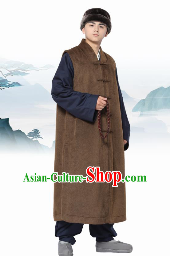 Chinese Traditional Winter Brown Long Vest Costume Meditation Garment Lay Buddhist Clothing for Men