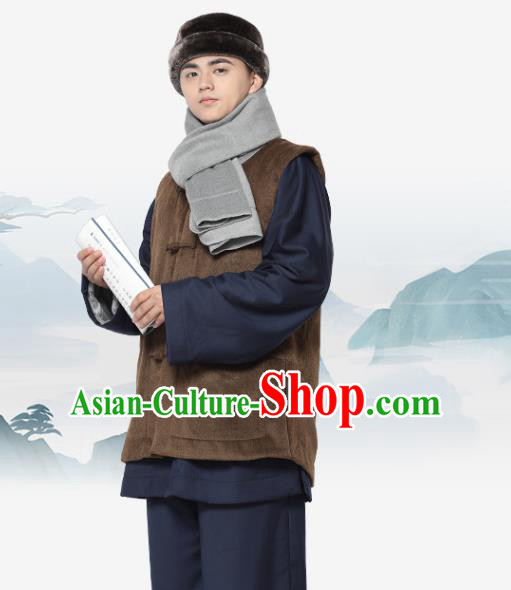 Chinese Traditional Winter Brown Vest Costume Meditation Garment Lay Buddhist Waistcoat for Men
