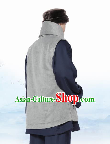 Chinese Traditional Winter Grey Vest Costume Meditation Garment Lay Buddhist Waistcoat for Men