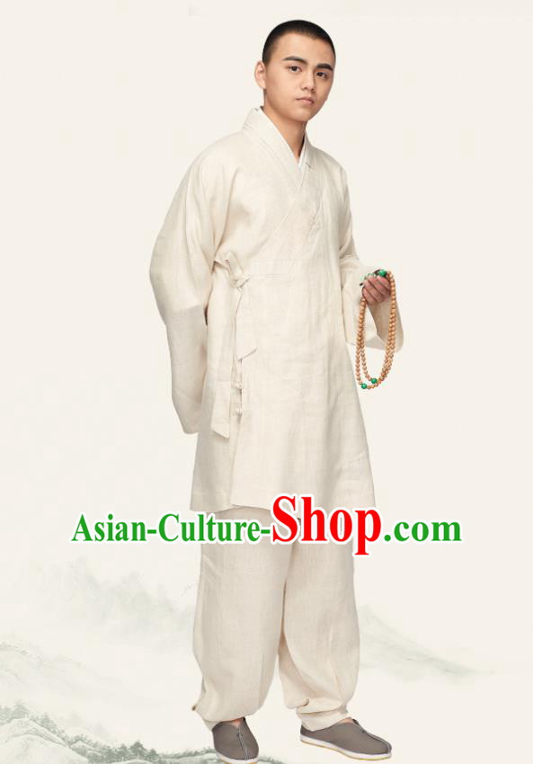 Chinese Traditional Monk White Flax Short Gown and Pants Meditation Garment Buddhist Bonze Costume for Men