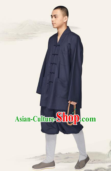 Chinese Traditional Meditation Garment Buddhist Bonze Costume Monk Navy Short Gown and Pants for Men