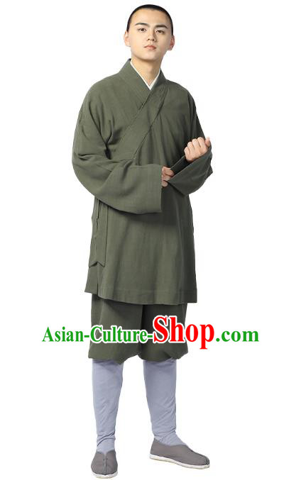 Chinese Traditional Monk Olive Green Short Gown and Pants Meditation Garment Buddhist Costume for Men