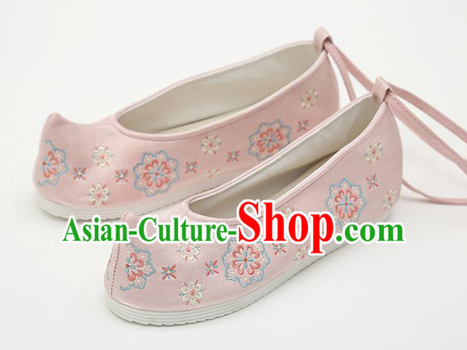 Chinese Handmade Pink Embroidered Shoes Traditional Ming Dynasty Female Bow Shoes Hanfu Shoes Ancient Princess Shoes