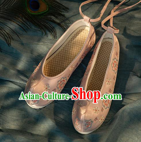 Chinese Handmade Pink Embroidered Shoes Traditional Ming Dynasty Female Bow Shoes Hanfu Shoes Ancient Princess Shoes