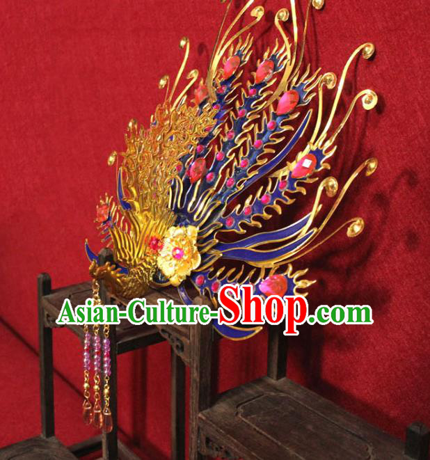 Traditional Chinese Handmade Cloisonne Phoenix Hairpins Ancient Queen Hair Accessories Tassel Hair Crown for Women