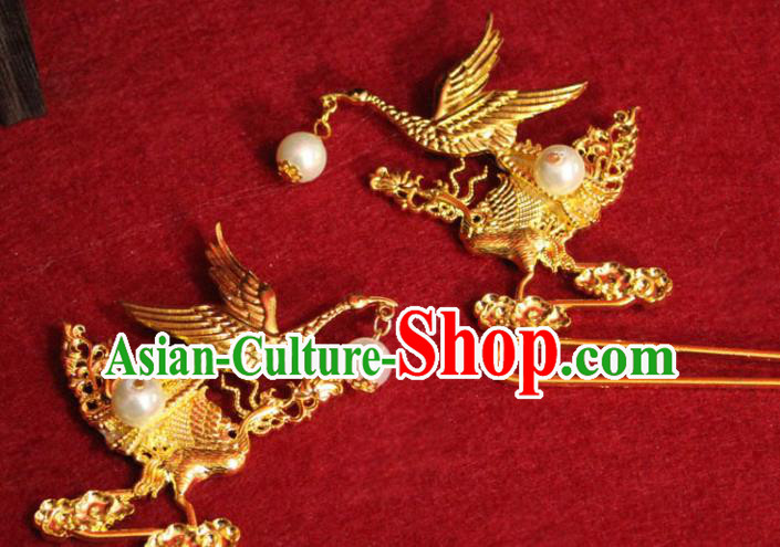 Traditional Chinese Handmade Golden Crane Hair Clip Ancient Queen Tassel Hairpin Hair Accessories for Women