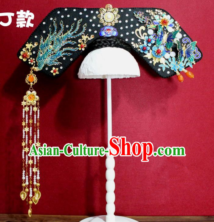 Chinese Ancient Qing Dynasty Queen Hair Jewelry Traditional Handmade Hairpins Hair Accessories Pearls Tassel Blueing Phoenix Coronet Complete Set